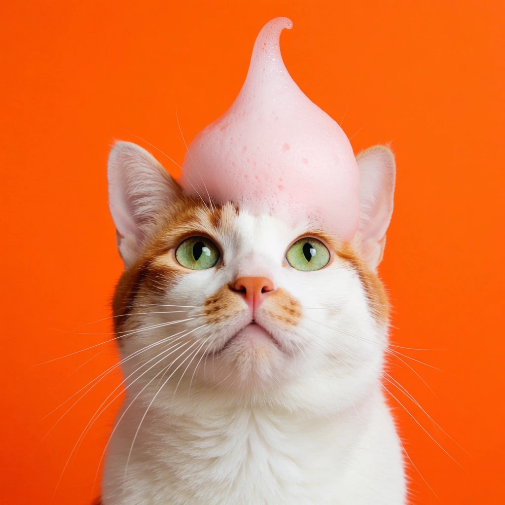 A close-up studio portrait of a white and orange tabby cat looking upwards with striking green eyes, wearing a tall, asymmetrical dollop of pale pink foam on its head. The background is a flat, vibrant solid orange. The image features a bold, high-contrast pop-art aesthetic with soft, even lighting emphasizing the cat's white fur, long whiskers, and the textured pink foam against the vivid backdrop.