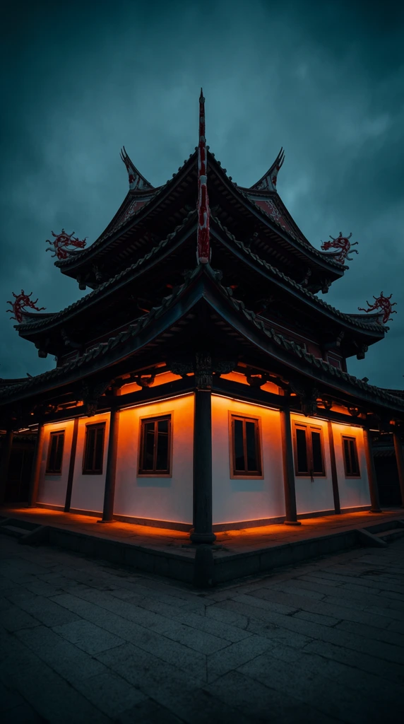 A dramatic low-angle architectural photograph of a multi-tiered traditional East Asian pavilion at twilight. The structure features sweeping, upward-curving dark tiled roofs accented by red and white dragon ornaments on the eaves. Vibrant amber uplighting illuminates the white lower walls, dark wooden support pillars, and framed windows, creating a striking contrast. Captured with a wide-angle lens centered on a sharp corner, the cinematic composition emphasizes a stark teal and orange color palette, juxtaposing the glowing lower facade against the shadowy upper tiers and moody dark blue overcast sky above a bare stone courtyard.