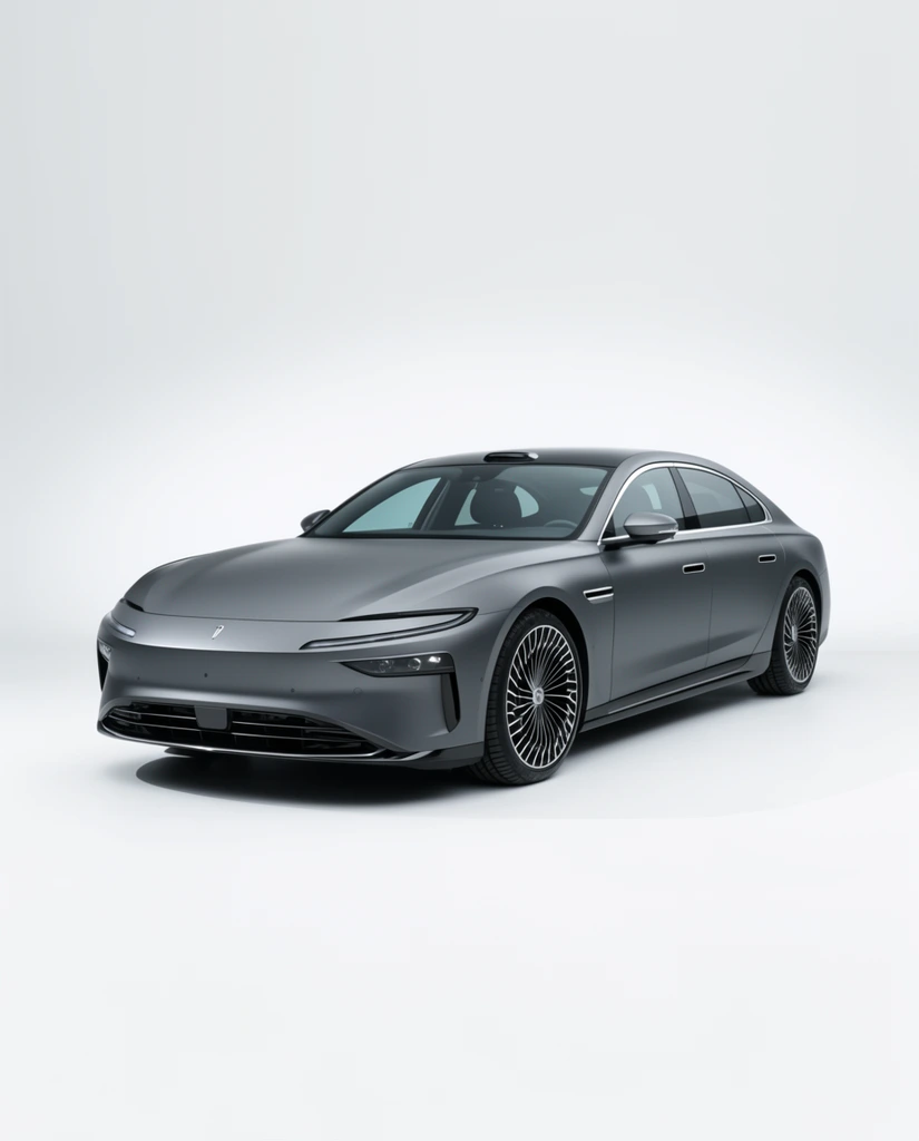 matte gray luxury sedan, aerodynamic silhouette, intricate multi-spoke wheels, sleek headlights, seamless white studio backdrop, automotive photography