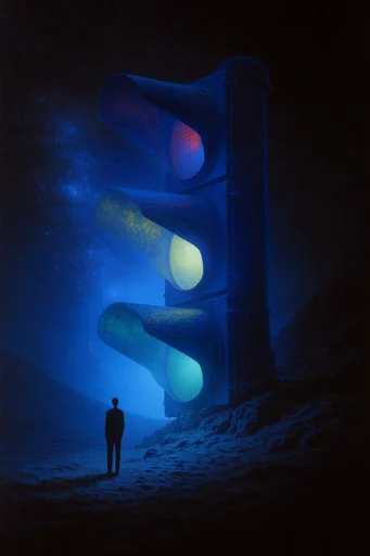 Monoliths of Cosmic Solitude style reference image — extreme scale contrast