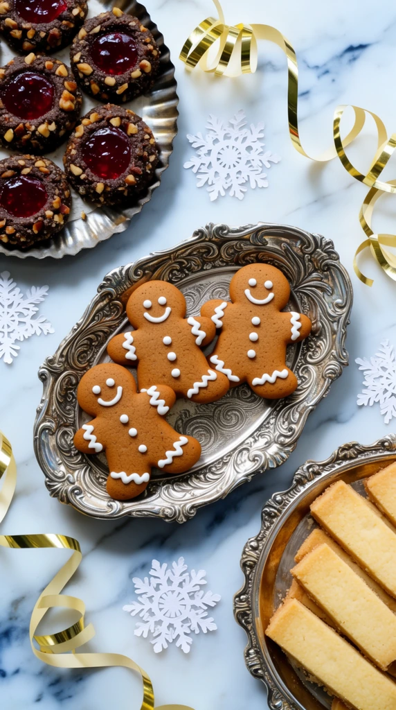 top-down view of holiday cookies on three ornate silver platters, white and blue veined marble background, top left fluted tray of dark thumbprint cookies with chopped nuts and glossy red jam centers, center filigree tray with three icing-decorated gingerbread men, bottom right scalloped tray holding rectangular golden shortbread, scattered gold metallic curling ribbons, delicate white paper snowflakes, bright overhead lighting, elegant food photography, crisp focus