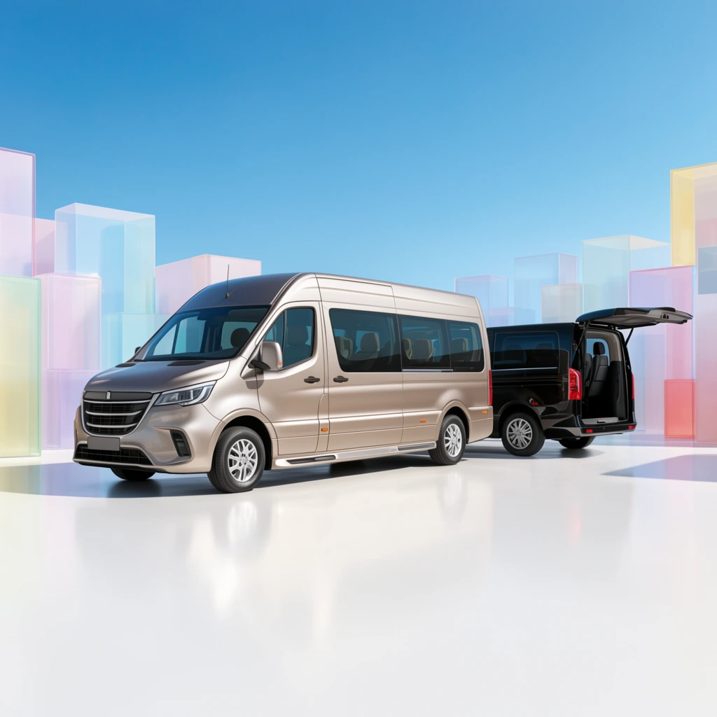 Metallic champagne passenger van, black van behind with open rear hatch, smooth white reflective floor, translucent pastel geometric blocks, clear blue sky, bright commercial lighting