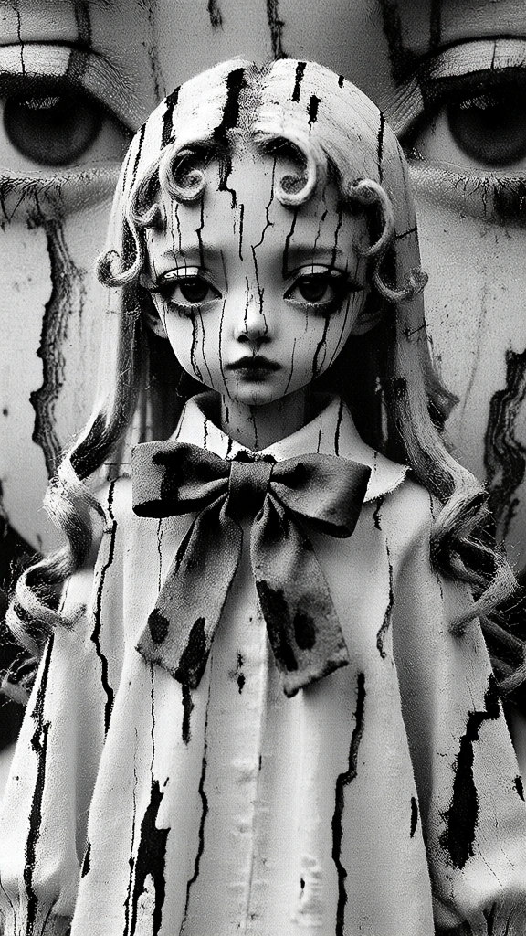 small figure with long curled hair and a large bow at its neck, high contrast monochrome photography, extreme black and white, heavy film grain, gritty texture, eerie surrealist aesthetic, organic bark-like patterns resembling human eyes covering the figure and background, vertical composition, deep blacks, high iso noise, grainy photocopy effect, sharp outlines, macabre atmosphere, textural detail, haunting gaze.