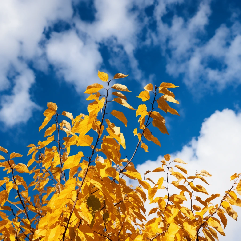golden yellow leaves on thin dark branches reaching upward, vibrant blue sky with fluffy white clouds, bright natural sunlight, low angle perspective, high contrast nature photography
