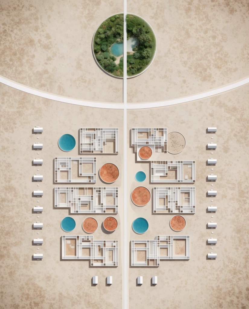 An orthographic aerial architectural masterplan depicts a symmetrical settlement within a pale, textured desert landscape. A perfectly circular green oasis filled with foliage and a small pool anchors the top center, bisected by a vertical white axis. Below it, a sweeping white horizontal pathway divides the sandy terrain. Symmetrically arranged orthogonal white walls form intricate open-air geometric enclosures across the site. Interspersed among these structures are large circular features, some filled with textured terracotta earth and others with bright cerulean water. Neatly aligned rows of small white rectangular pavilions flank the main structural clusters. Subtle drop shadows give distinct depth to the stark minimalist geometry against the barren, mottled beige background.