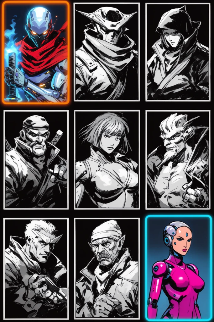 3x3 grid of square character portraits, retro arcade fighting game aesthetic, high contrast comic book illustration, heavy black inking, top left orange-outlined panel features a glowing cyborg ninja with a crimson scarf, bottom right cyan-outlined panel shows a female android in a magenta bodysuit, remaining monochrome panels display diverse sci-fi fighters, dramatic chiaroscuro, solid black background