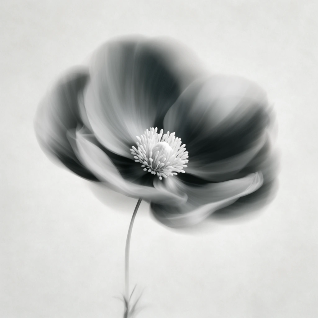 ethereal grayscale flower with sweeping motion blur petals, detailed white central stamen, delicate thin stem, minimalist textured background, fine art abstract photography