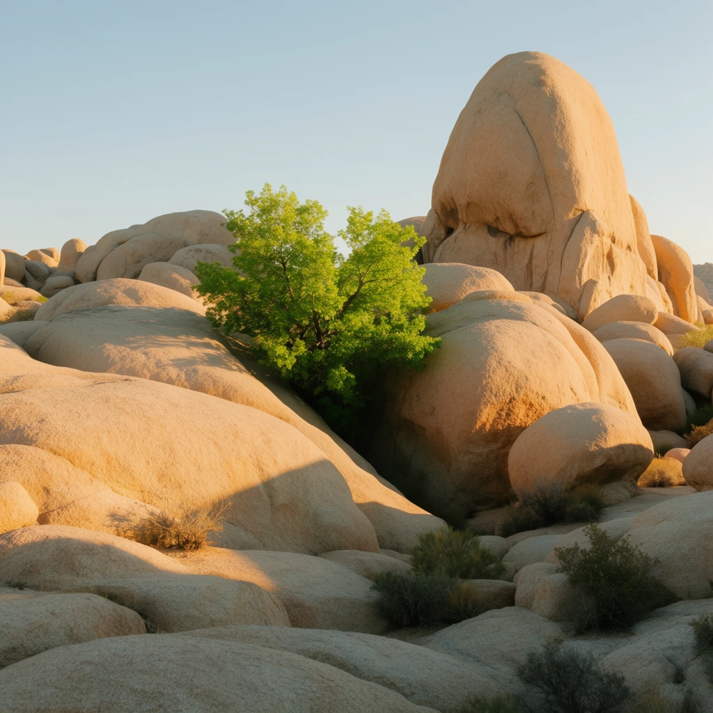Massive, smooth tan boulders dominate an arid desert landscape under warm golden hour light. A vibrant green tree emerges from a deep crevice between the rounded rock formations in the center. Sparse desert shrubs dot the rocky foreground and shaded gaps. Low-angled sunlight casts long, dramatic shadows that emphasize the coarse texture and bulbous shapes of the stones. A towering, dome-like rock structure rises prominently on the right against a clear, pale blue sky. The serene, naturalistic photography highlights the stark contrast between the bright foliage and pale sunbaked stone.