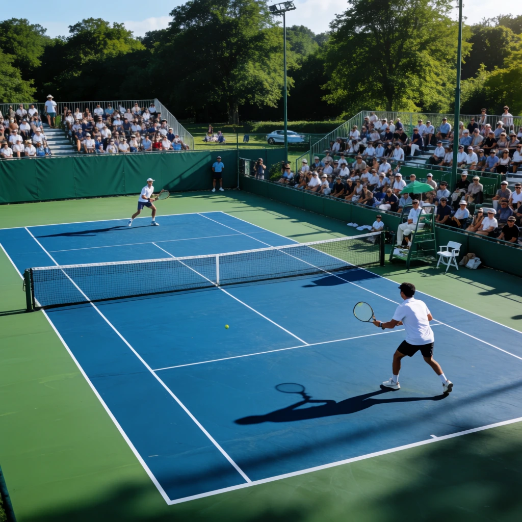high-angle wide shot of an outdoor tennis match, vibrant blue hard court with green borders, two players rallying across a net, long shadows from bright sunlight, crowd seated on tiered bleachers behind a green barrier, lush trees background, cinematic daylight