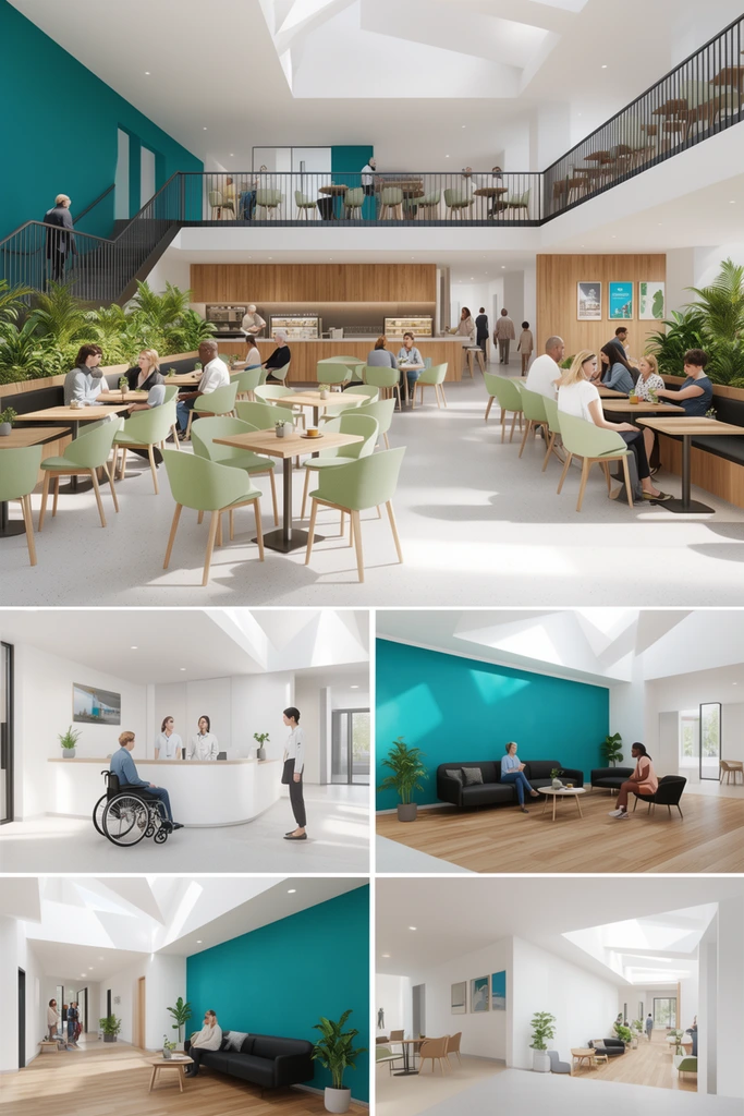 A multi-panel architectural visualization showcasing bright, contemporary interior spaces. The large top section features a spacious, multi-level cafe area where diverse individuals sit at light oak tables with pale green chairs. A wood-paneled counter and a mezzanine with black metal railings define the space, softened by lush indoor planters. Four smaller sections below display connected environments. One reveals a bright reception zone with a curved white desk and a person in a wheelchair interacting with staff. Another highlights a lounge with a modern black sofa on a wood floor against a vibrant teal accent wall. The remaining areas depict airy corridors with geometric skylights and additional seating nooks. The entire composition utilizes a cohesive color palette of crisp white, warm wood, vivid teal, and soft green, rendered with highly realistic, luminous indoor lighting and clean geometric lines.