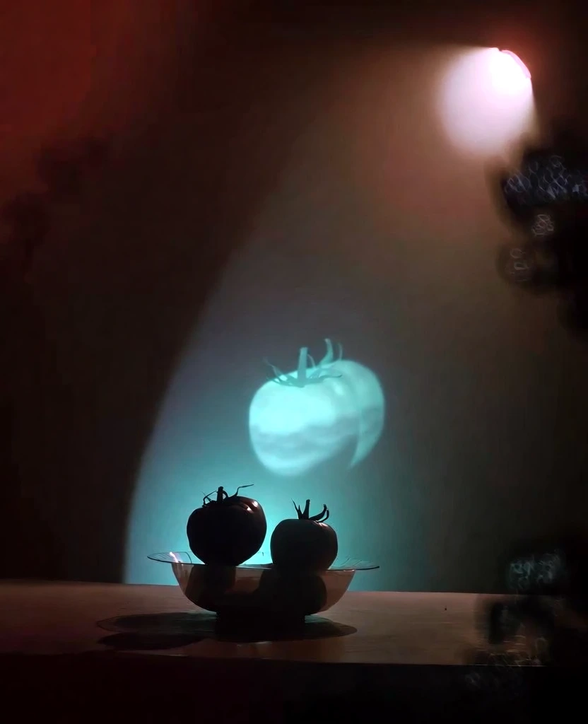 two ripe tomatoes and a minimalist bowl on a dark matte surface, centered composition, dramatic theatrical stage lighting, high-contrast chiaroscuro, one tomato is a physical object while the second is a ghostly ethereal cyan projection with soft-focus bloom, circular diffused warm-white highlight in upper right corner, deep shadowy vignette, grainy lo-fi digital texture, minimalist conceptual atmosphere, monochromatic teal spotlight, ethereal stage-like presentation