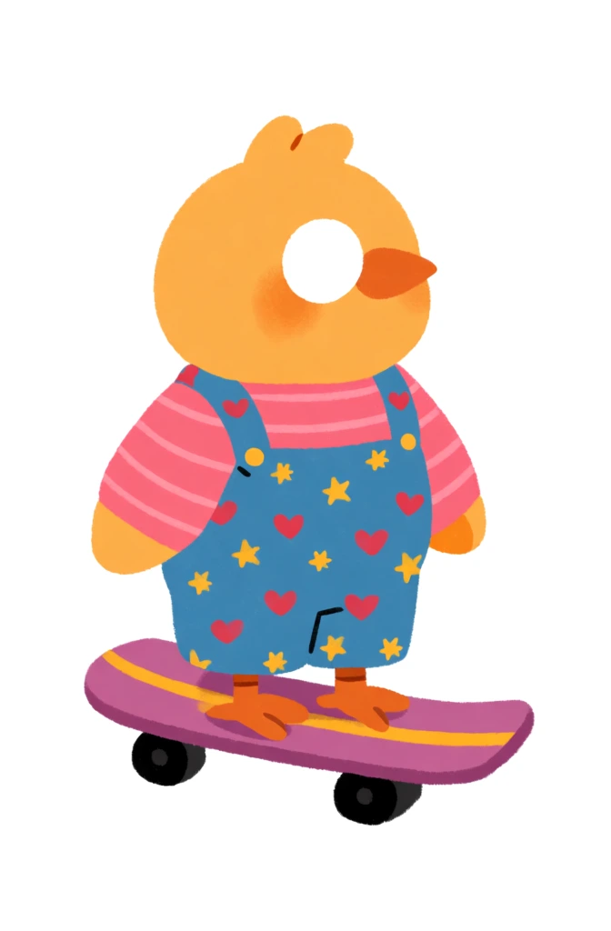cute flat children's book illustration of a yellow chick. Round white sunglass. She wears pink colored, striped long-sleeved shirt and a red colored long overalls with hearts on them. Stand on a skateboard. naive hand drawn style, simple rounded shapes, pastel muted color palette, matte gouache texture, minimal shading, decorative surface pattern, tiny stars and hearts on the body, whimsical dots and stripes, folk art inspired details, playful graphic symbols, white background, isolated character, slightly imperfect lines