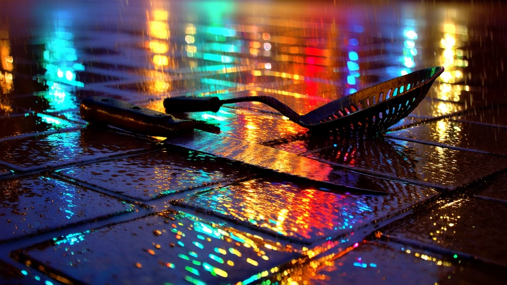 low-angle cinematic close-up of a weathered iron chopper, a rustic kitchen knife, and a forged skimmer resting on rain-slicked cobblestone pavement at night, vibrant neon reflections of cyan, amber yellow, and deep crimson shimmering across the wet textured surface, atmospheric urban mood with soft motion-blurred city lights in the background, high contrast lighting, saturated color palette, intricate details of rusted metal against glistening water, moody neon-noir aesthetic.