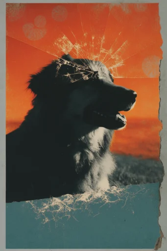 Luminous Retro Cosmic style reference image — distressed collage elements