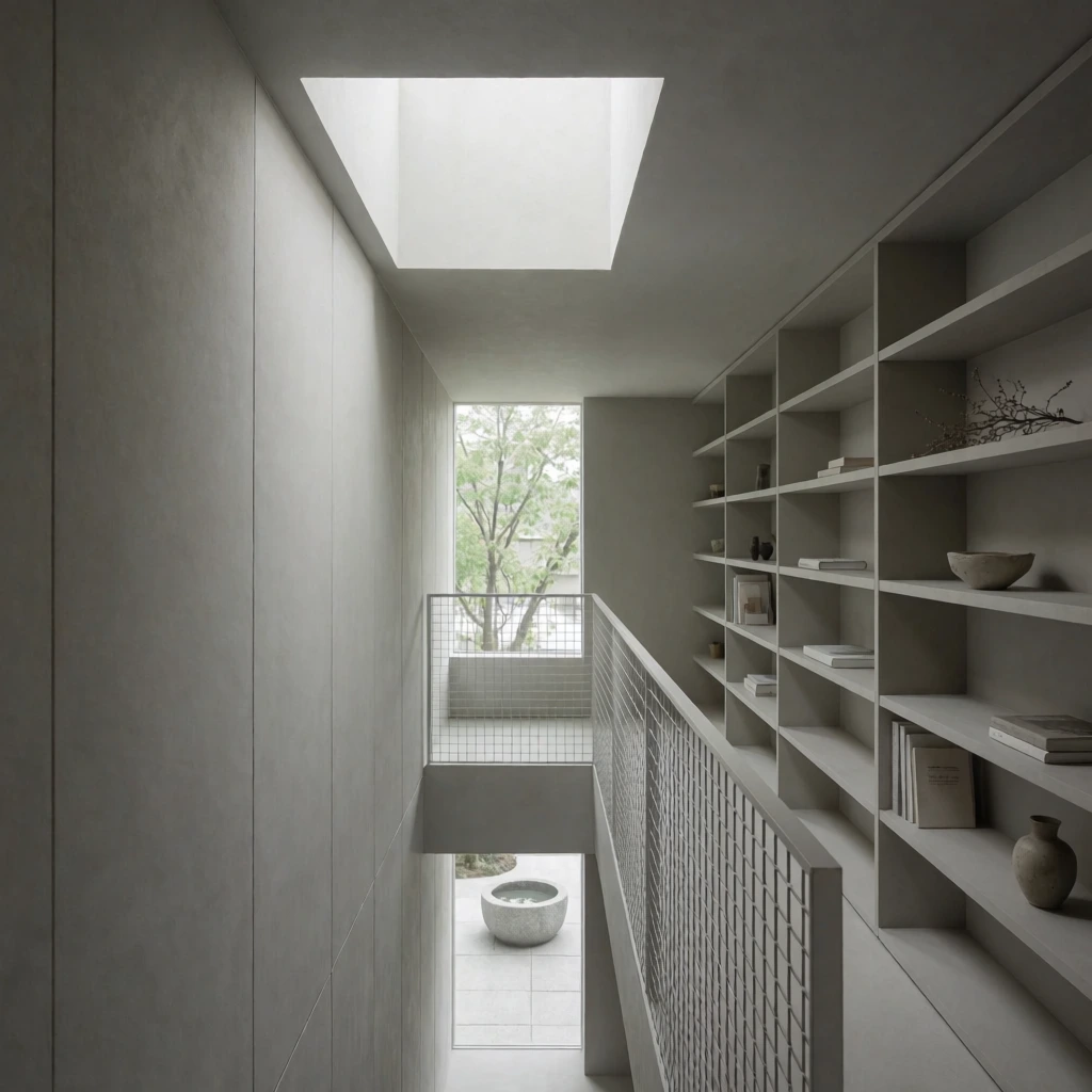 A narrow, minimalist interior walkway features a grid-wire railing overlooking a lower level. Light grey paneled walls line the left side, facing a long built-in shelving unit on the right displaying books, ceramics, and dried branches. Soft daylight streams from a recessed square skylight and a far window framing green trees above a stone basin. Captured in a direct single-point perspective, the architectural photography emphasizes clean geometric lines, a serene monochromatic grey palette, and deep depth of field.