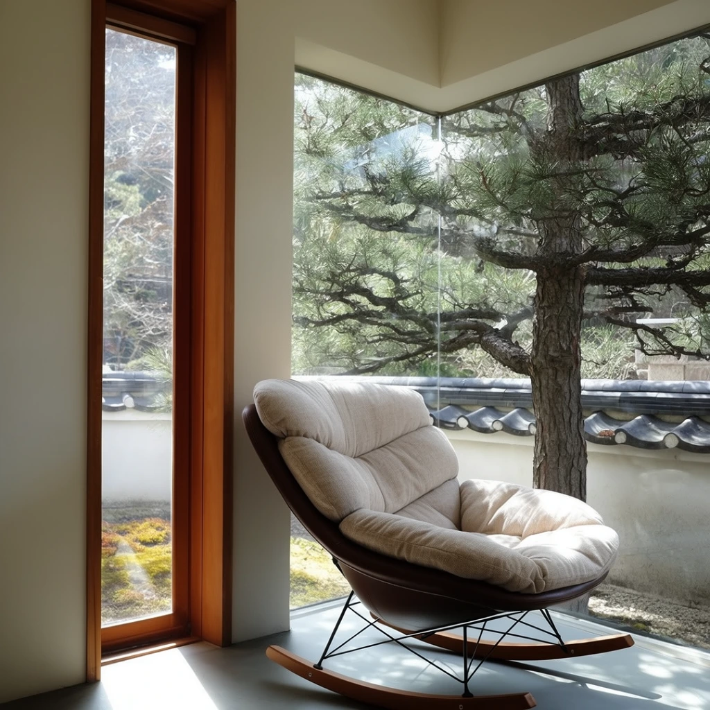 A plush, light beige lounge chair with a dark brown leather shell and thin black wire base rests on curved wooden rockers, positioned on a smooth grey floor near a large corner window. The chair's thick, segmented cushion appears soft and inviting. Sunlight streams through the glass, casting distinct shadows on the floor and illuminating the chair. Outside the window, a mature evergreen tree with rough bark stands close to the glass, its branches extending outwards. Beyond the tree, a low white wall topped with dark, scalloped roof tiles encloses a courtyard or garden. To the left, a tall, narrow vertical window with a warm-toned wooden frame offers another glimpse of the outdoor scenery, including a mossy patch and distant trees, bathed in bright daylight. The interior walls are smooth and off-white.