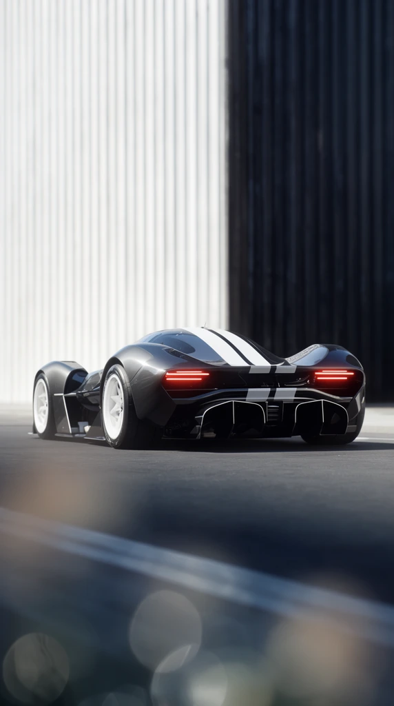 A dark gray futuristic hypercar with bold white racing stripes rests on smooth asphalt. The low-slung vehicle features a teardrop canopy, massive flared fenders, white multi-spoke wheels, glowing red horizontal LED taillights, and a complex rear aerodynamic diffuser. Behind the car, towering vertical corrugated walls split sharply between luminous white and deep charcoal. Captured from a low rear three-quarter perspective, cinematic lighting reflects intensely off the glossy bodywork, enhanced by a shallow depth of field and soft out-of-focus bokeh artifacts in the foreground.