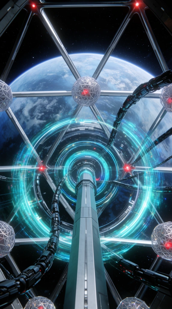 A futuristic space station interior looks through a complex geometric window toward a massive blue planet. A central hexagonal metallic pillar extends into the distance, encircled by concentric rings of glowing cyan energy. Dark, segmented robotic conduits curve organically outward. Interlocking silver beams form triangular panes punctuated by geodesic spheres and glowing red nodes. Beyond the glass, the planet displays swirling white clouds against a starry black void. The photorealistic 3D render utilizes a symmetrical one-point perspective, wide-angle depth, and striking contrast between vibrant neon holographics and deep outer space.