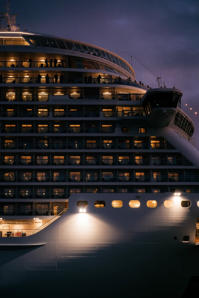 massive luxury cruise ship illuminated at twilight, towering white hull, dark multi-tiered superstructure, precise geometric grid of glowing cabin balconies, silhouetted passengers on upper observation decks, protruding navigation bridge, bright exterior floodlights casting warm pools of light on the smooth hull, dark purplish-blue sky, cinematic nautical photography, imposing scale