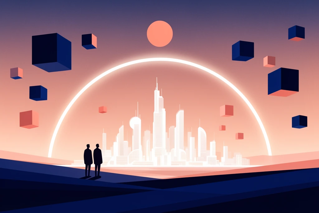 Minimalist retro-futuristic vector illustration featuring two dark silhouetted figures on an angular navy terrain gazing at a glowing white futuristic city. A luminous white semicircular arc frames the distant cityscape. Floating dark blue and salmon pink geometric cubes hover throughout the hazy, peach-to-deep-purple gradient sky. A solid peach celestial sphere rests above the glowing arc.