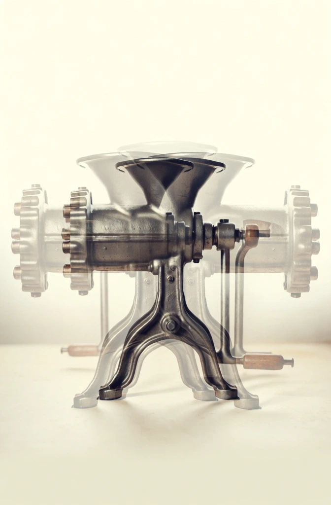 vintage industrial cast iron meat grinder with a large hopper, triple exposure photographic technique, overlapping translucent layers forming a symmetrical blooming silhouette, ethereal ghosting effects, intricate metallic textures and mechanical details, high-key minimalist cream background, muted sepia and charcoal monochrome palette, classical surrealist aesthetic, soft diffused lighting, sophisticated architectural graphic style, vertical composition