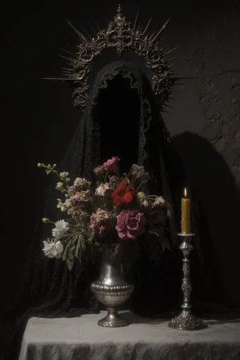 Opulent Gothic Surrealism style reference image — black lace veil