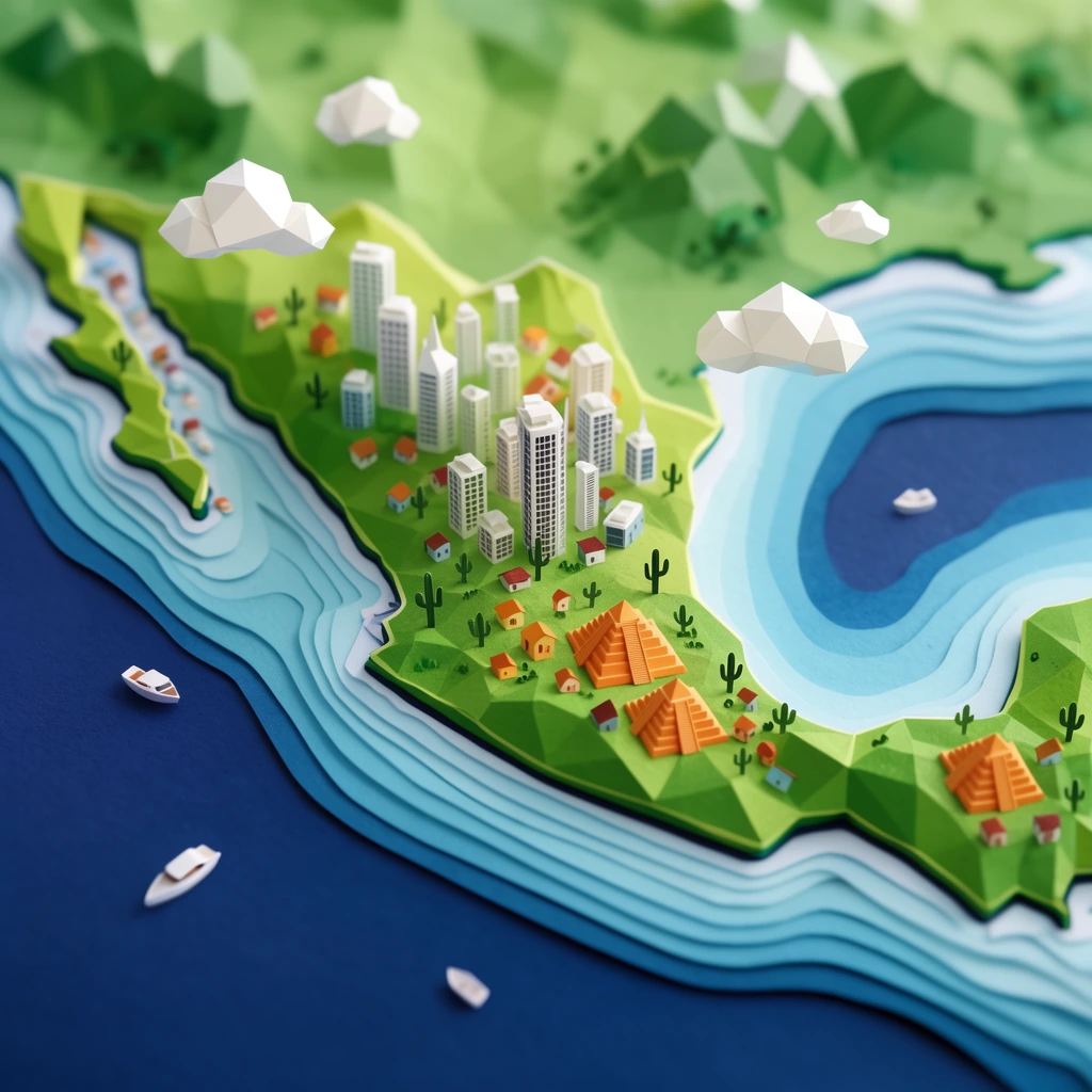 3D topographic miniature map of Mexico, low-poly green landmass, miniature white skyscrapers, tiny houses, cacti, orange pyramids, layered contour ocean lines, pale blue to deep navy water, small white boats, floating geometric clouds, papercraft aesthetic, aerial perspective, shallow depth of field, vibrant colors