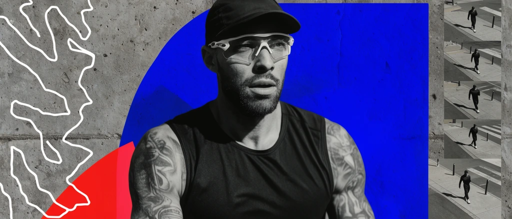 mixed-media urban collage poster on a textured concrete wall, high-contrast monochrome brutalist graphic design with a bold vivid blue sweeping curved shape, central black-and-white portrait of a man in athletic gear wearing a cap and clear sports glasses, arm tattoos, surrounded by solid geometric color blocks, jagged white continuous-line abstract drawing, column of small inset aerial surveillance photos of a figure on a sidewalk, raw street aesthetic