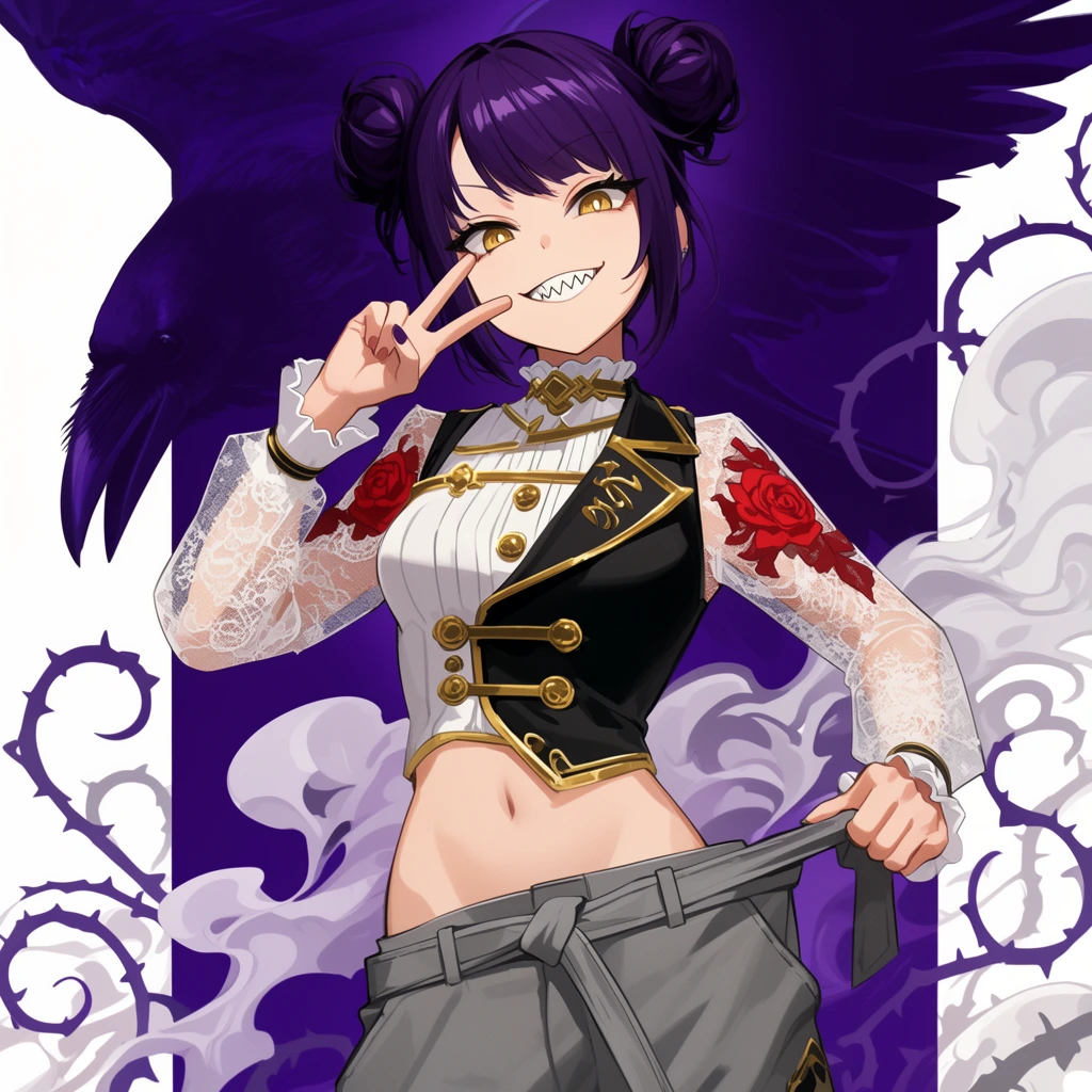 A stylized anime illustration features a mischievous young woman with deep purple twin buns and golden eyes flashing a peace sign. She sports a confident smirk revealing sharp, jagged teeth. Her outfit is an asymmetric black and gold Victorian-style vest over a white crop top with sheer lace sleeves featuring red rose motifs. Her midriff is exposed above high-waisted gray trousers tied with a loose belt, which she playfully tugs. The background is a bold vertical split of deep violet and stark white, layered with stylized swirling thorny vines, smoke-like clouds, and the shadowy silhouette of a massive raven. The digital artwork utilizes crisp line art, smooth cel shading, and dynamic asymmetrical framing to create a vibrant, high-energy aesthetic.