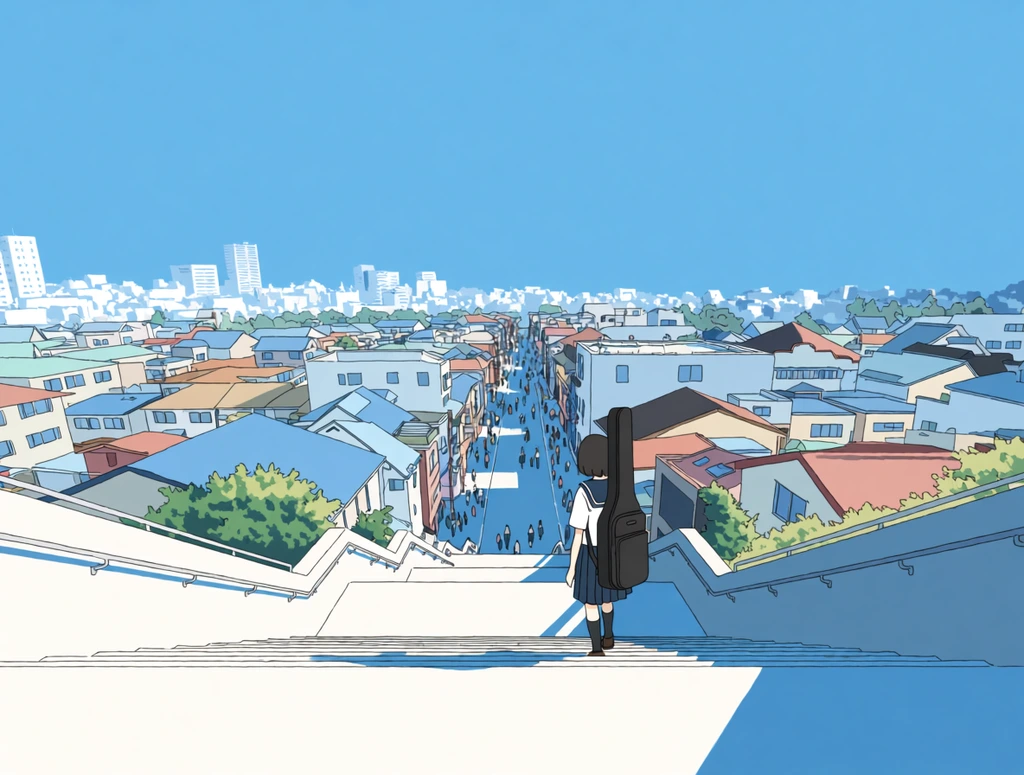 2D anime illustration, girl in a sailor uniform with a black instrument case walking down concrete stairs, expansive clear blue sky, bright white foreground with sharp blue shadows, dense town with pedestrian streets below, distant high-rises, flat pastel colors, clean geometry, wide-angle perspective