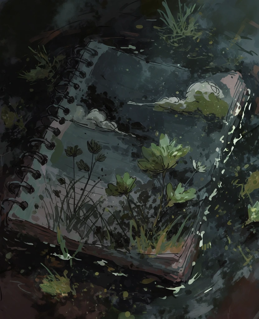 top-down view, open spiral-bound notebook submerged in dark murky liquid, painterly expressive brushstrokes, moody atmospheric palette of charcoal and deep greens, pages featuring hand-drawn botanical plants and wispy clouds, textured and gritty aesthetic, messy ink splatters and organic smudges, low-key lighting with high contrast, dark melancholic tone, layered digital painting style, blurred edges, earthy muted tones, tactile paper texture, somber dramatic mood.