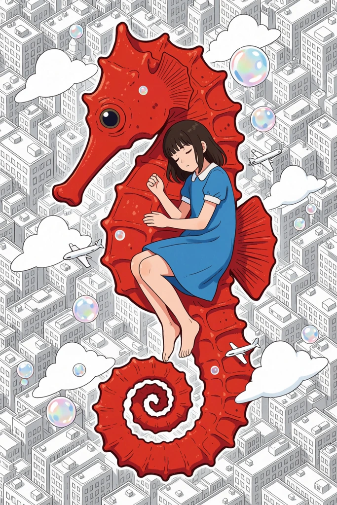 giant vibrant red seahorse cradling a sleeping girl in a blue dress, barefoot girl resting against the creature, floating transparent bubbles, white cartoon clouds, small airplanes, suspended above a dense monochrome isometric cityscape, grey line-art buildings, striking contrast between full-color subjects and black-and-white background, pop surrealism illustration