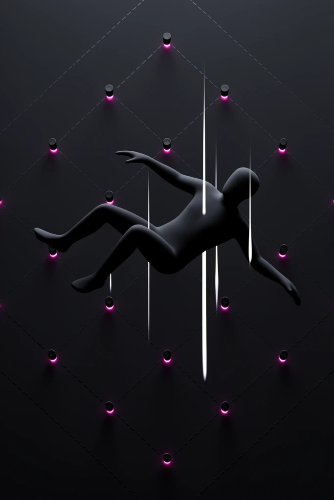 A solid black featureless humanoid figure floats in a deep charcoal void, limbs dynamically splayed in a falling posture. Stark white vertical glowing streaks slice downward around the body. The background features a stark geometric grid of faint dashed lines forming large nested diamond shapes. Small black cylindrical modules are stationed evenly across this grid, each emitting a sharp neon magenta glow from its tip. The sleek 3D rendered composition relies on stark minimalism, high contrast, and a dark aesthetic punctuated by brilliant white and vibrant pink luminous accents.