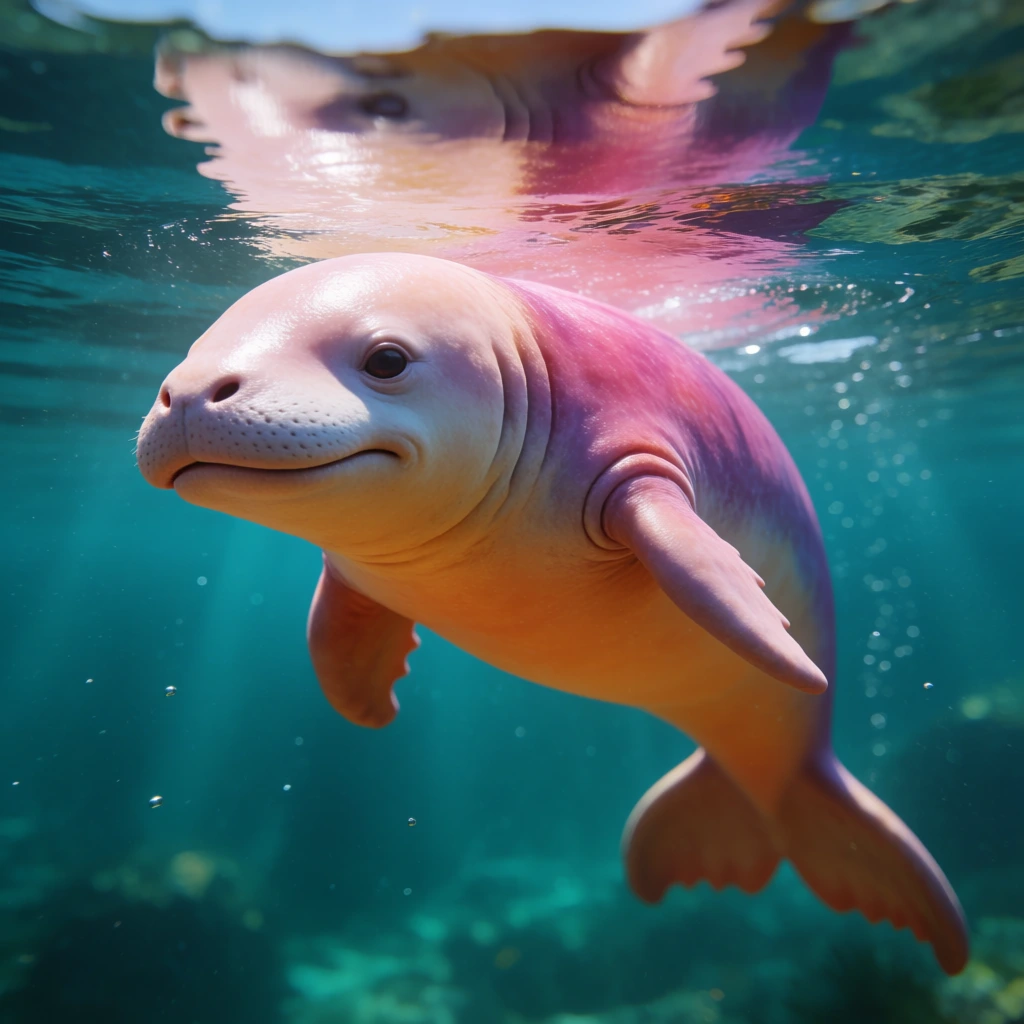 underwater photography of a plump fantasy aquatic mammal, blunt snout, smooth skin fading from a pale pink head to a vibrant pinkish-purple back, bright orange-tan underbelly, short stubby front limbs, lobed hind flippers, swimming just below the surface, clear deep teal water, surface reflection, sunlight filtering down, suspended micro-bubbles, hyper-realistic render, shallow depth of field