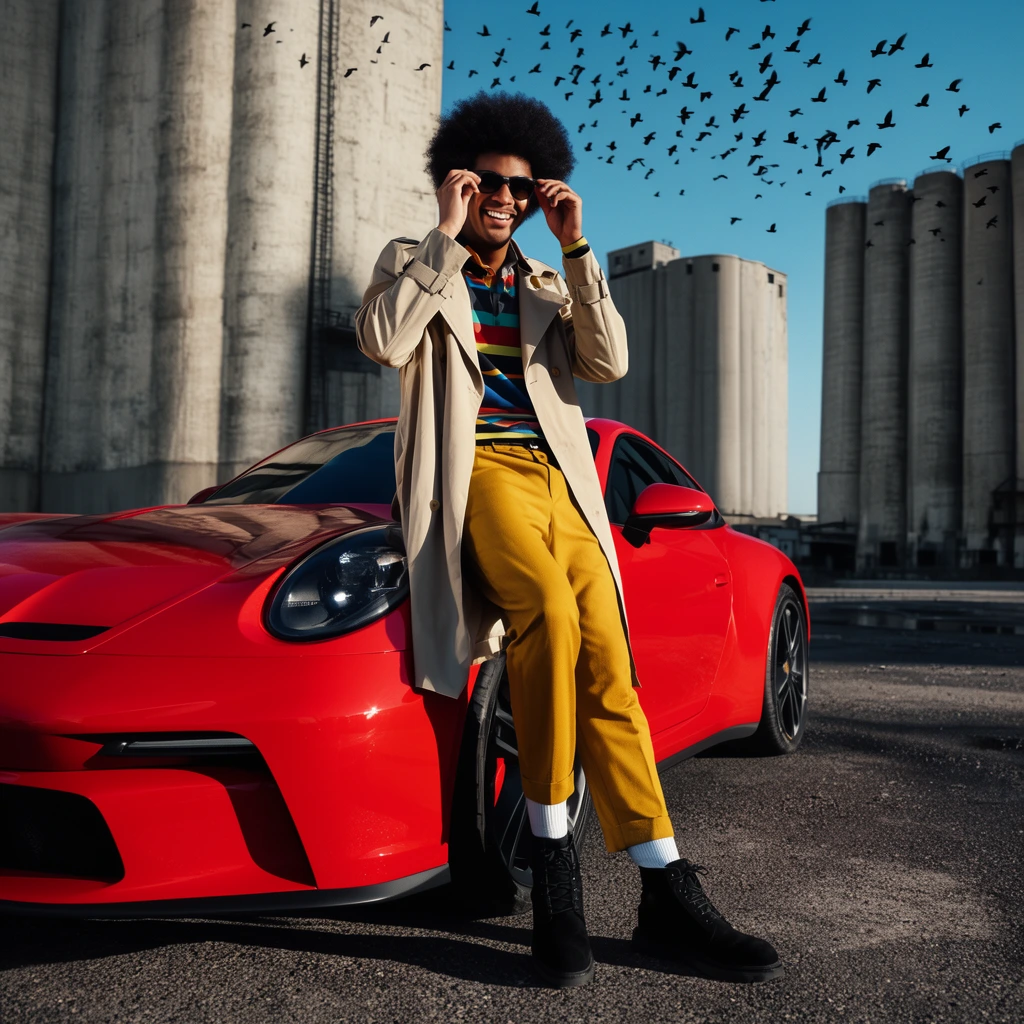 smiling man with afro hairstyle leaning against red sports car, adjusting dark sunglasses, wearing long beige trench coat, colorful striped shirt, mustard yellow trousers, white socks, black boots, urban industrial setting, tall concrete silos, asphalt ground, clear blue sky, flock of birds flying overhead, bright sunlight, deep shadows, low angle fashion photography, high contrast