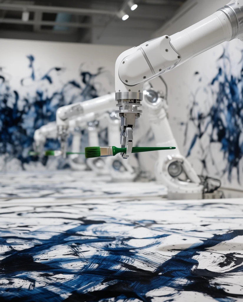 articulated white robotic arm with silver joints holding a green paintbrush horizontally, sharp foreground focus, shallow depth of field, identical robot arms receding into a brightly lit blurred gallery background, chaotic dark blue and black abstract ink brushstrokes covering white floor canvases and walls, stark visual contrast between sleek machinery and expressive artwork, futuristic automated studio