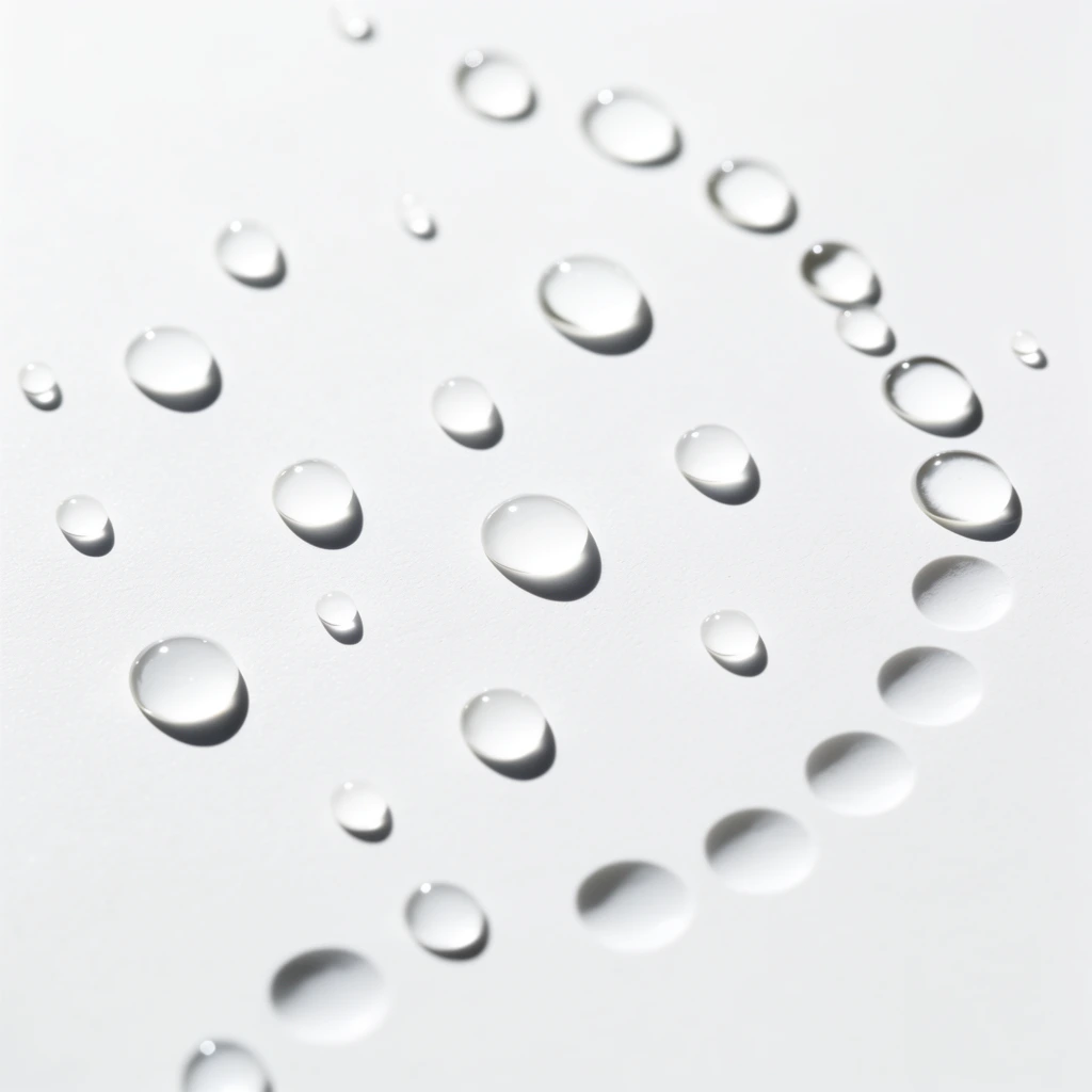 macro photography of clear water droplets on a stark white matte surface, randomly scattered organic water beads, structured curving arc of evenly spaced circular dimples filled with liquid, bright high-key lighting, sharp dark drop shadows, prominent specular highlights on spherical droplets, subtle micro-texture on the white background, minimalist composition, shallow depth of field with softly blurred lower edges, clean modern aesthetic, stark tonal contrast between pure white and crisp gray shadows