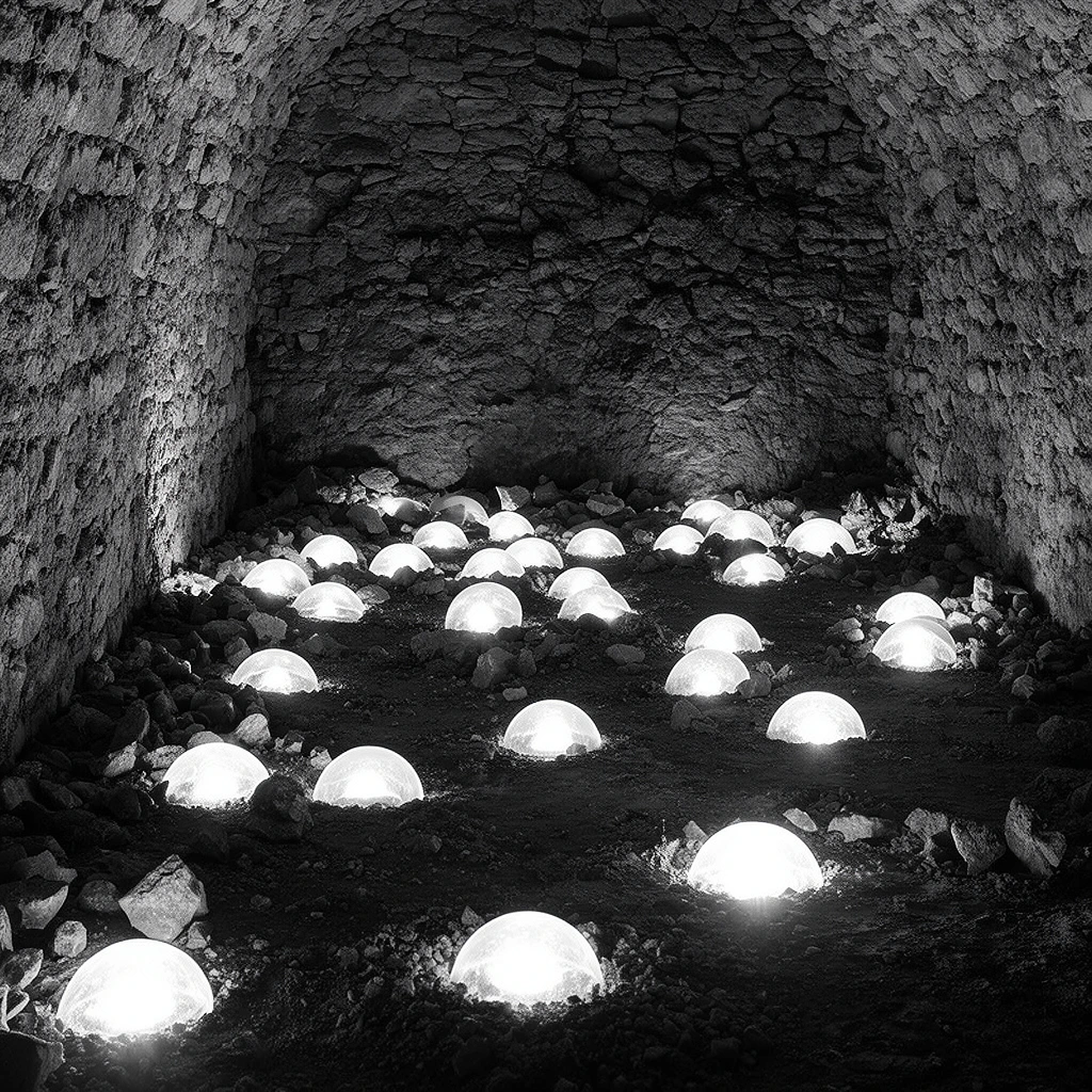 dark subterranean stone chamber in black and white photography, numerous brightly glowing hemispherical lights semi-buried in a dirt floor, rough uneven masonry walls forming a narrow arched tunnel, loose rocky rubble scattered across the ground, intense stark illumination radiating upward from scattered glowing domes, dramatic bottom-up lighting emphasizing coarse rock textures, deep shadows, surreal underground installation art, high contrast monochromatic aesthetic