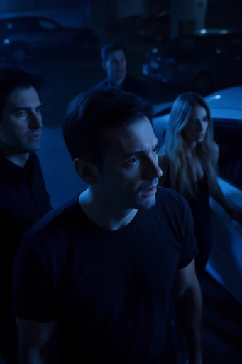Nocturnal Cybernetic Noir style reference image — monochromatic cobalt blue lighting