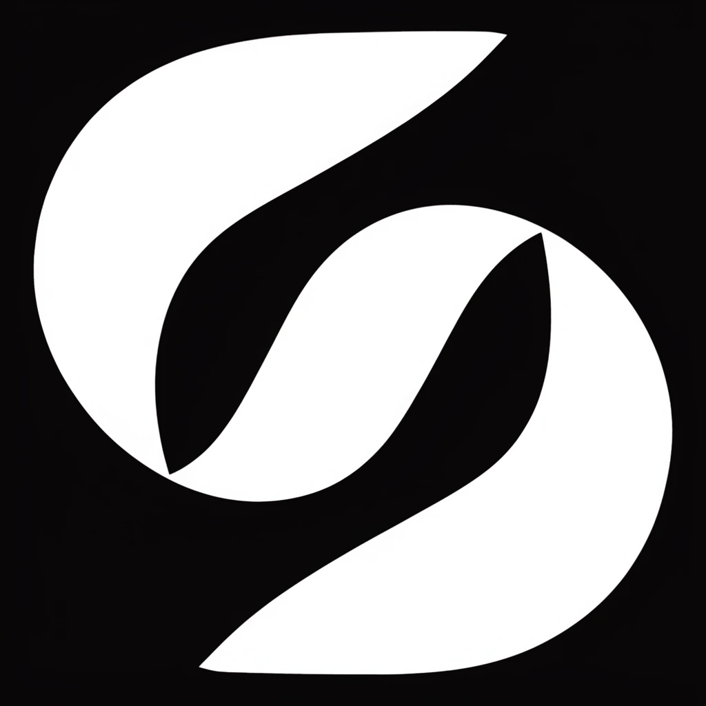 stark white abstract folded ribbon shape, solid black background, continuous sweeping curve with dramatic varying thickness, sharp interior cutouts contrasting with smooth rounded exterior edges, flat graphic art style, high contrast minimalist design, bold geometric silhouette, serpentine form, crisp edges