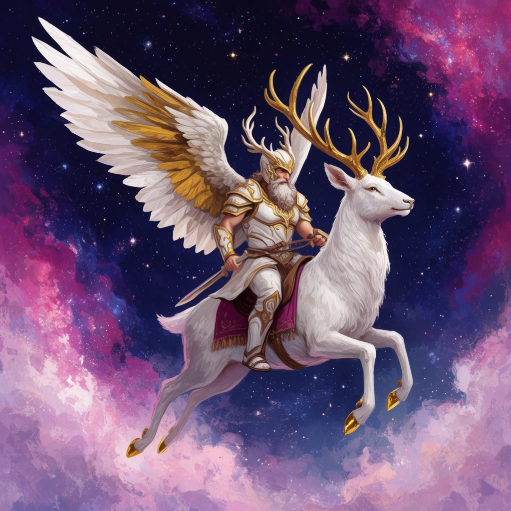 A winged, bearded warrior rides a galloping white stag through a vibrant starry cosmos. The rider wears ornate white and gold armor with an antler-shaped helmet, his massive white and gold-feathered wings spread wide against the deep space background. The majestic stag features golden antlers, golden hooves, and a burgundy saddlecloth. They traverse a deep indigo sky scattered with bright stars, framed by textured, painterly nebula clouds of magenta, lavender, and pale pink in this magical digital fantasy illustration.