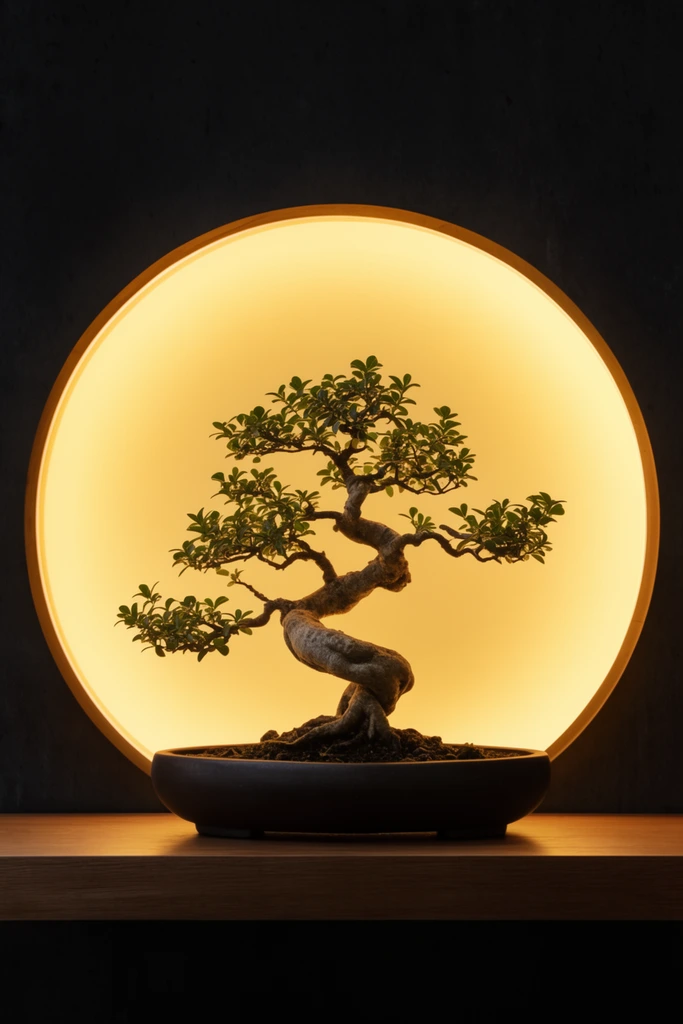 bonsai tree with a thick twisted trunk and green leaves, shallow dark oval pot on a wooden shelf, centered before a large circular glowing yellow light panel, dark surrounding wall, dramatic warm backlight, striking silhouette, minimalist zen composition, serene high contrast lighting