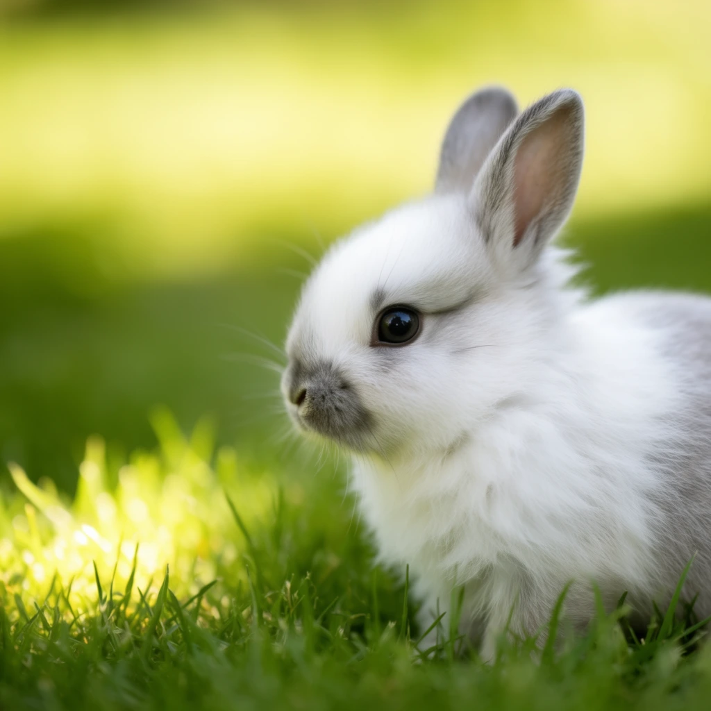 A small white and grey rabbit sits nestled in vibrant green grass under soft natural sunlight. Captured in a close-up profile facing left, the fluffy kit features a predominantly white coat accented by delicate grey shading around its snout, upright ears, and a large glossy dark eye. Fine translucent whiskers catch subtle light against the heavily blurred background. A concentrated patch of bright sunlight illuminates the blades of grass in the lower left foreground. Photographed with an extremely shallow depth of field, the background dissolves into a creamy, luminous bokeh of bright yellow-green hues, isolating the sharply focused textures of the animal's face and fur.