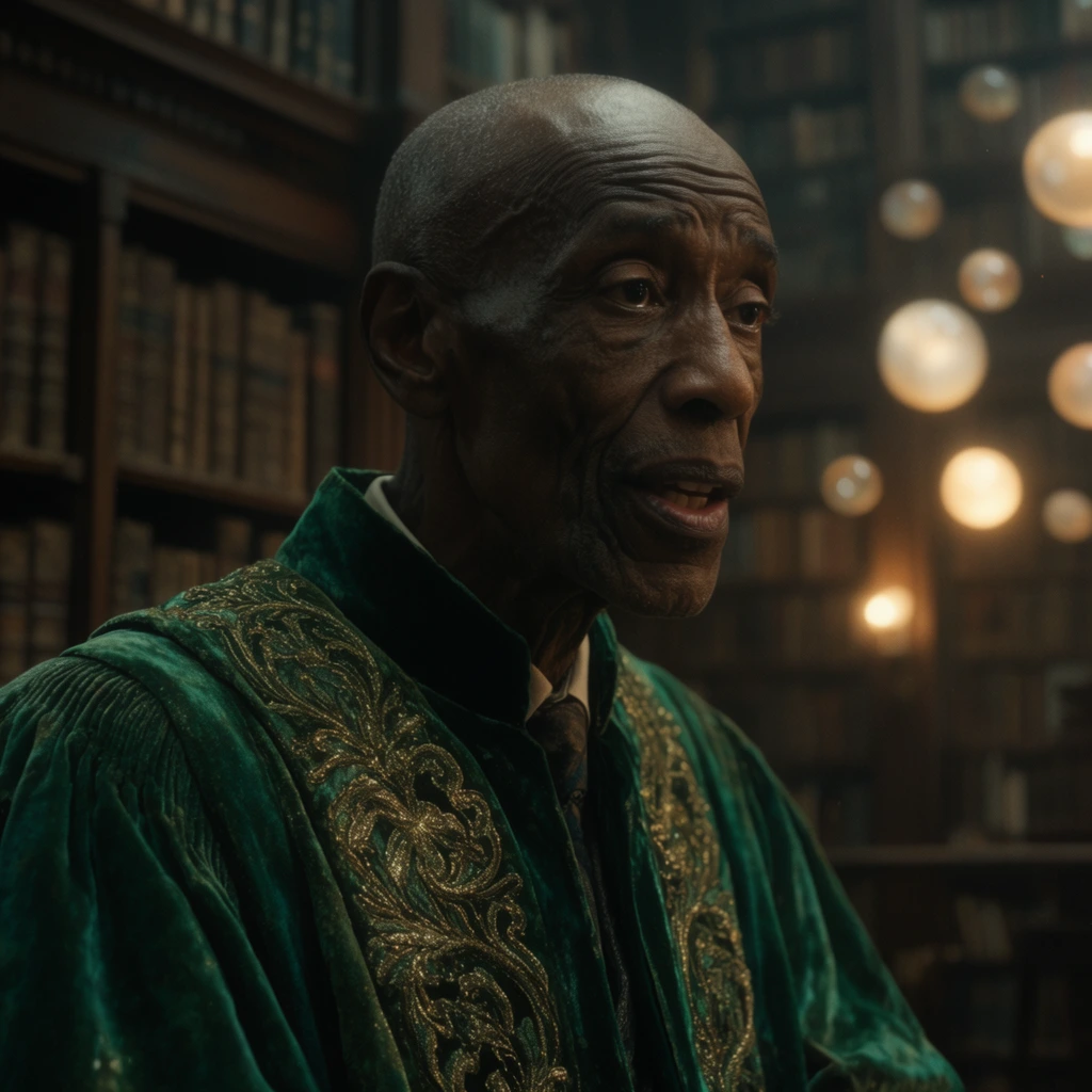 A cinematic close-up of an elderly, gaunt Black man in an ornate emerald-green velvet academic robe speaking softly in a dimly lit grand library. Captured in three-quarter profile, he has deep facial wrinkles, a shaved head, and a contemplative expression with parted lips. His rich green vestment features intricate gold embroidery catching the ambient light. The softly blurred background reveals towering dark oak bookshelves fading into shadows, while several glowing floating orbs provide warm, ethereal illumination on the right. The shallow depth of field isolates the subject, emphasizing the lush velvet textures and dramatic, moody atmosphere with a high-resolution film aesthetic.