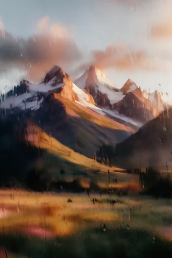 Refractive Glitch Impressionism style reference image — rain-streaked glass
