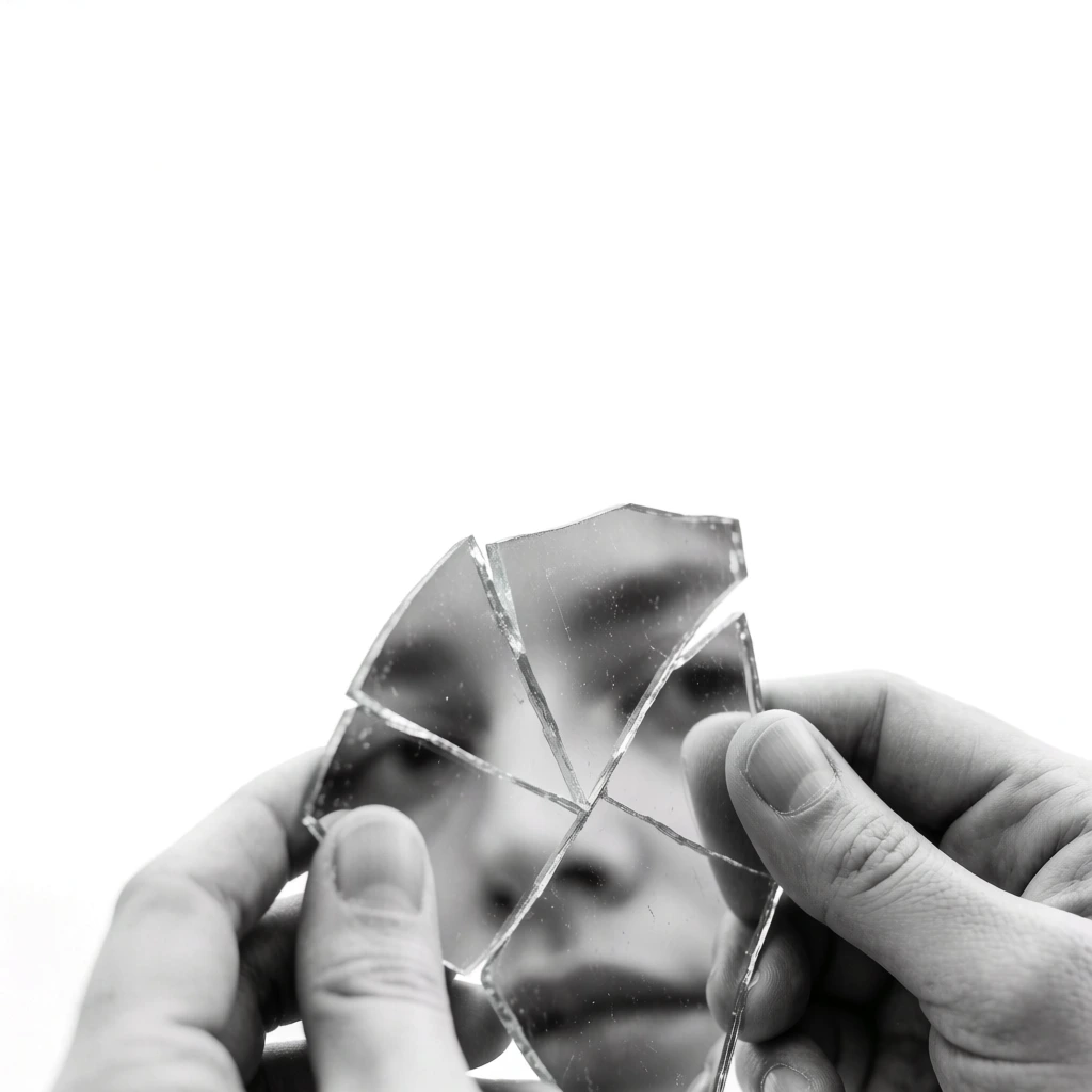 A black and white conceptual photograph features a person's face fragmented within the reflection of a broken mirror shard held by two hands against a plain white background. The two hands, positioned in the lower left and right corners of the frame, firmly grip a jagged, triangular piece of mirror, with the thumbs and index fingers visible in sharp focus. The mirror shard is crisscrossed with several prominent cracks that divide the reflection of the face into multiple disconnected sections. Within these segments, the person's eyes, the bridge of their nose, and a portion of their mouth are visible, looking directly toward the viewer with a neutral expression. The cracks cause slight misalignments in the facial features, breaking the continuity of the reflected image. The background is a solid, featureless white, emphasizing the high-contrast textures of the skin, the sharp edges of the glass, and the dark tones of the reflection. The lighting is bright and even, casting soft shadows that define the contours of the hands and the depth of the cracks in the glass. The camera angle is a tight, frontal close-up, focusing the viewer's attention entirely on the interplay between the hands and the fractured reflection.