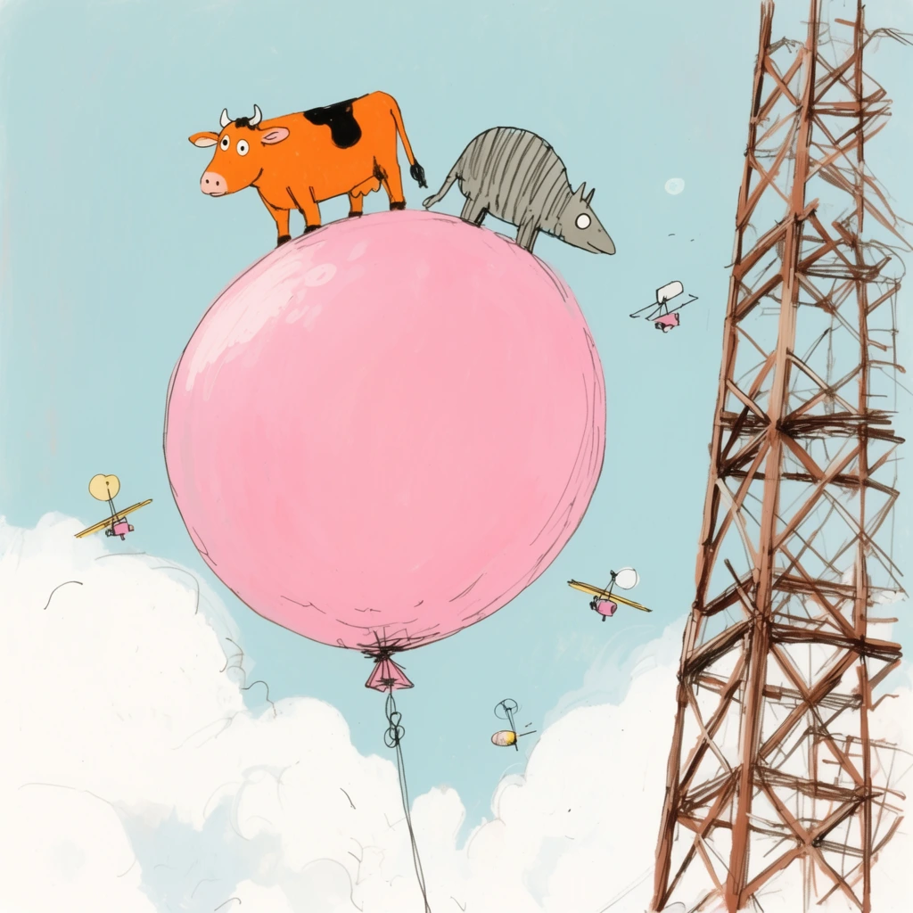 surreal illustration, orange cow and grey striped creature on a giant pink balloon, floating near a brown metal lattice tower, light blue sky, white clouds, tiny flying contraptions, loose linework, pastel palette, whimsical style