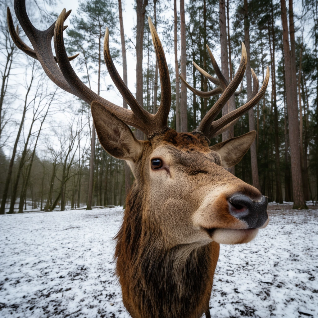 extreme close up portrait of a large red deer stag, massive sweeping antlers, detailed brown and tan fur, thick dark neck mane, glossy dark eye, black nose, standing in a snowy forest clearing, patchy white snow over dark earth, background of tall straight pine and bare winter trees, pale overcast sky, wide-angle lens perspective, sharp wildlife photography, natural diffused lighting