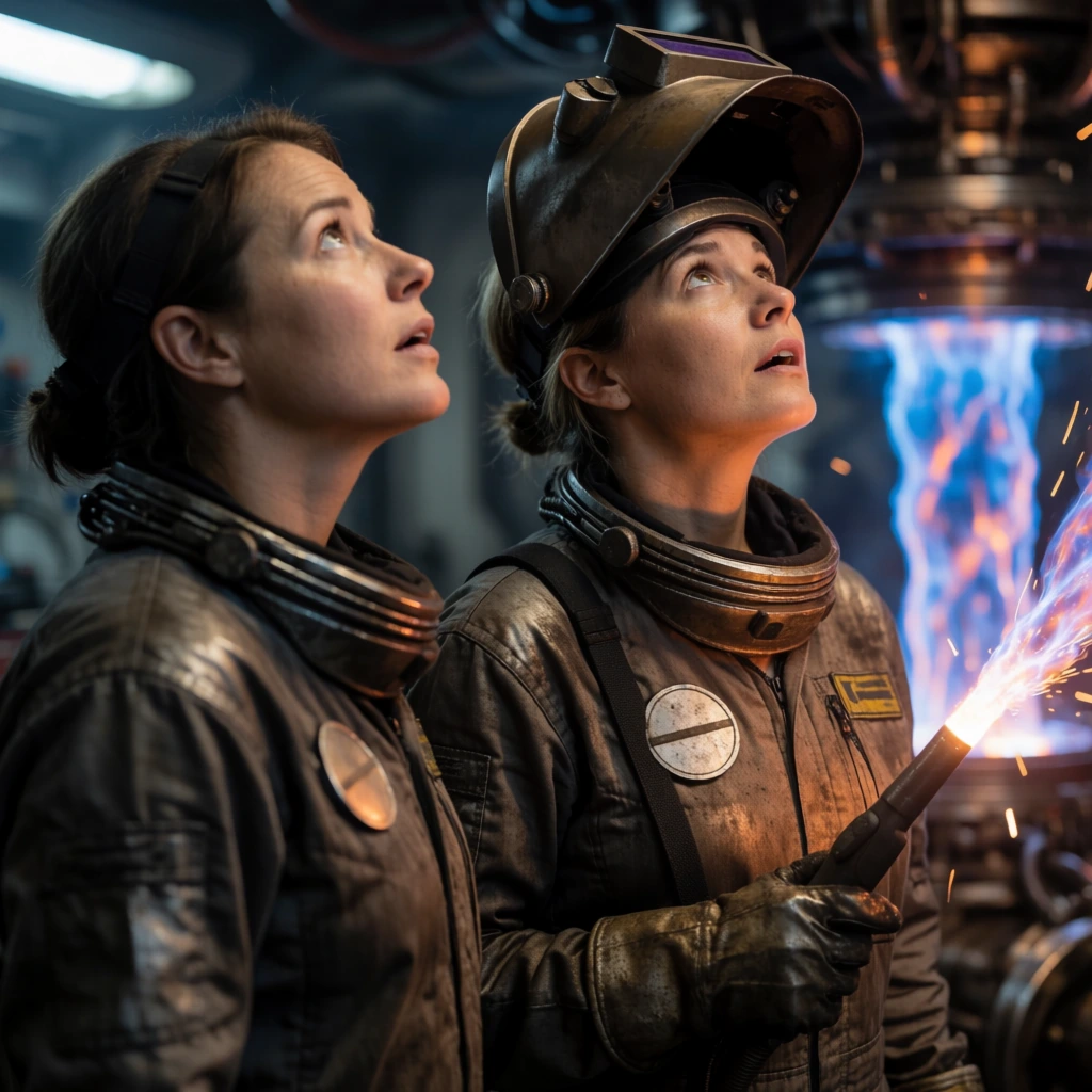Two female mechanics in heavy soot-stained futuristic jumpsuits look upward in awe. The right mechanic wears an upturned metallic welding visor and carries a glowing plasma tool. The left mechanic appears in profile. They stand in a dimly lit starship engine room with blurred sparks and glowing blue plasma. Cinematic lighting and shallow depth of field.