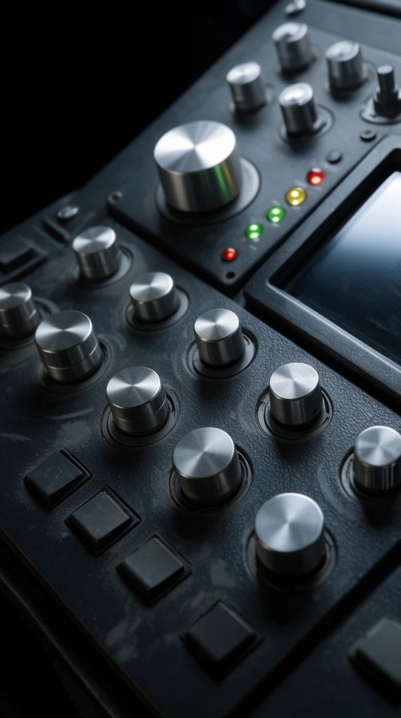 Angled macro view of a matte black electronic control panel with dense clusters of mechanical dials. The pebbled surface features large brushed-metal cylindrical knobs, rows of smaller dials, and rectangular push buttons. An angled section displays illuminated green, yellow, and red LED indicators beside a dark reflective screen. Cool directional lighting highlights subtle surface smudges and industrial design against a dark background, using shallow depth of field to emphasize metallic textures.